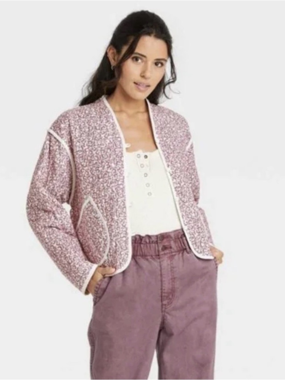 Universal Thread Quilted Floral Bomber Jacket Collarless Size Large Cotton Blend